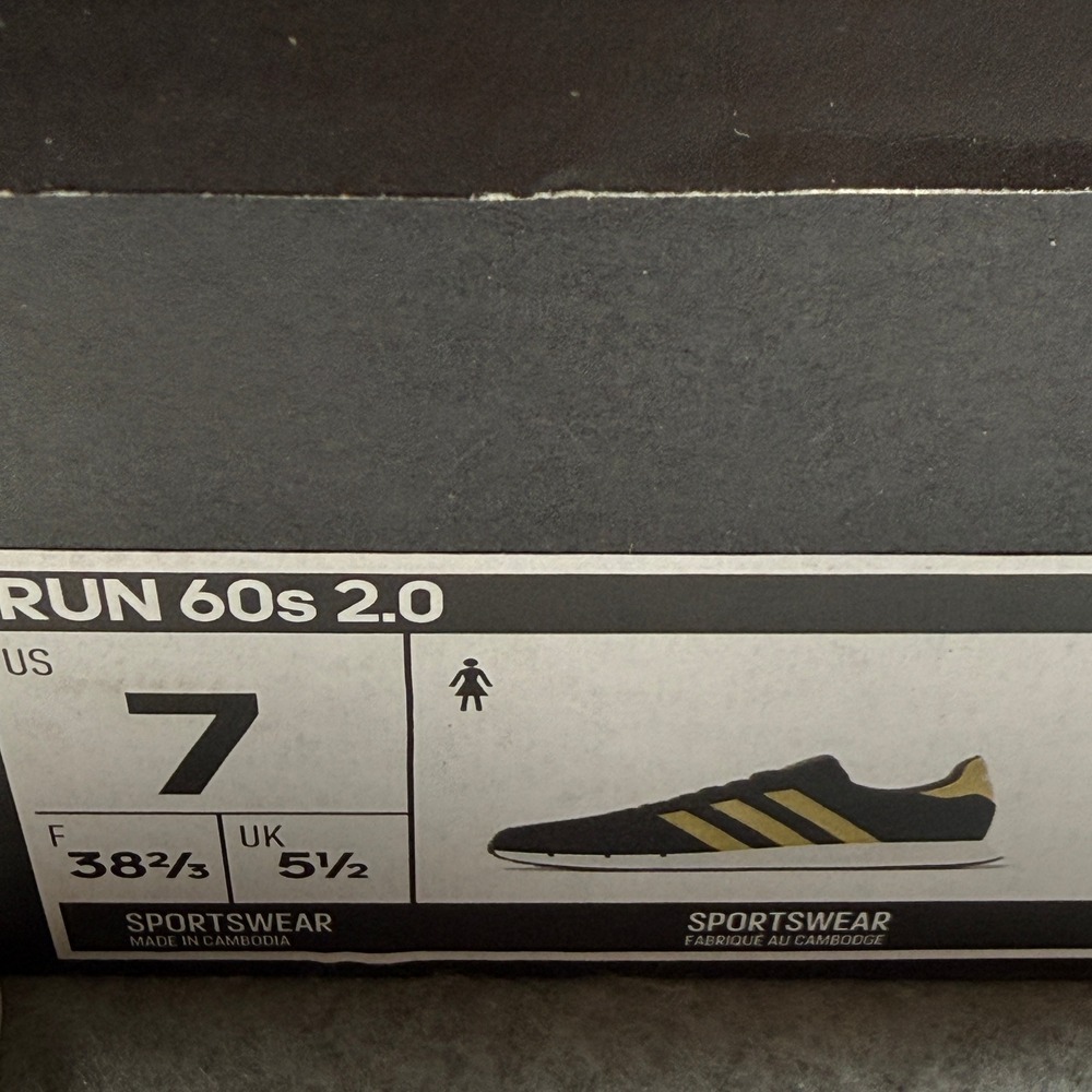 Adidas Run 60s 2.0 Black Gold Women's 7 Retro Running Sneakers NIB - Picture 2 of 8